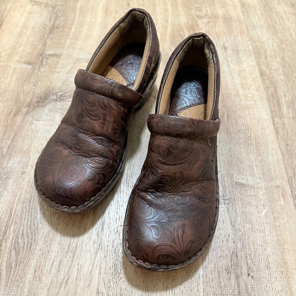 b.o.c. Born Concept | Brown Floral Embossed Clogs Wedge Slip On Shoes, 8 / EU 39